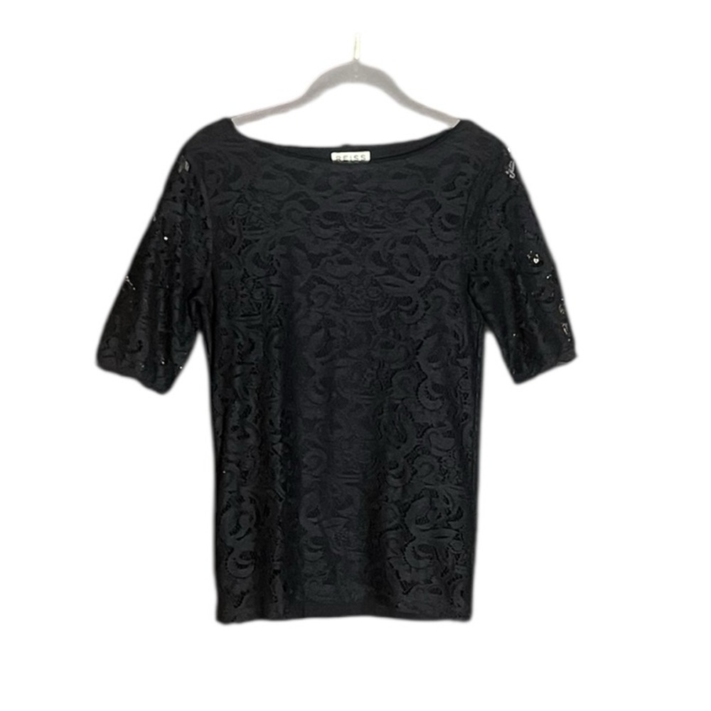 REISS Della Black Lace Short Sleeve Romantic Party Top Shirt Great Cond XS
